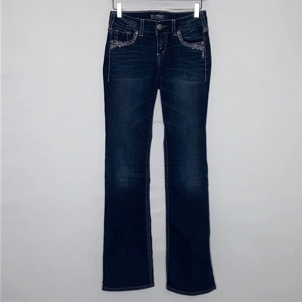 Silver Suki Mid Boot Fluid Denim Dark Wash Embellished Jeans - Size 26